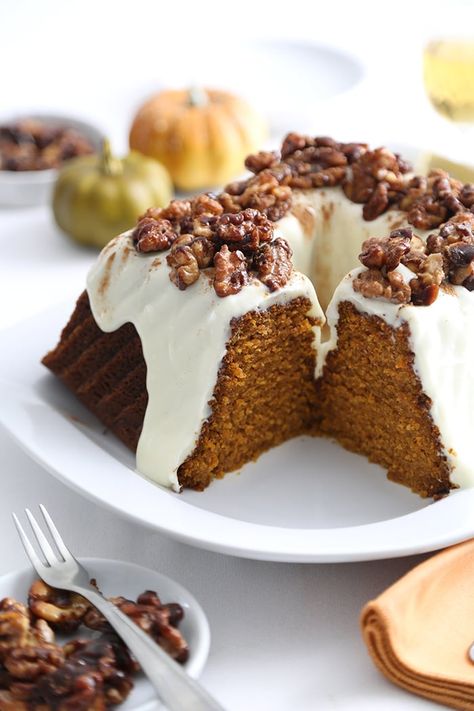 Pumpkin Cream Cheese Bundt, Bundt Pound Cake, Angel Food Cake Recipes, Candied Walnut Recipe, Cream Cheese Bundt Cake, Caramelized Walnuts, Lorann Oils, Spice Cakes, Spiced Walnuts