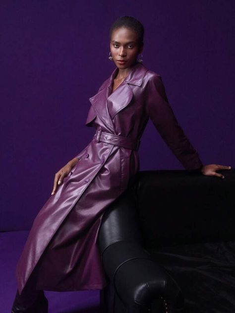 Leather Overcoat, Purple Trench Coat, Purple Outfit, Purple Outfits, Leather Trench, Leather Trench Coat, Purple Leather, Beaded Bags, Purple Fashion