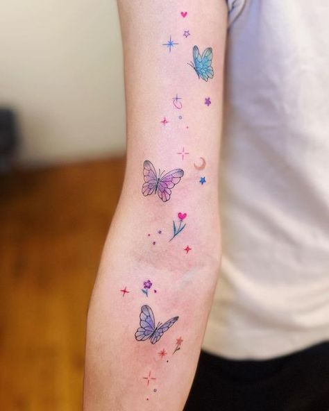 Pastel Butterfly Tattoo, Fairycore Lifestyle, Butterfly Sparkle Tattoo, Glitter Tattoos Real, Butterfly Tattoo Color, Sparkle Tattoos, Tattoo Types, Butterfly Leg Tattoos, Pastel Tattoo