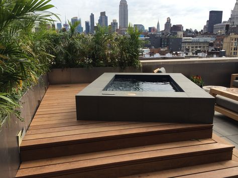 Rooftop Hot Tub | Outdoor Spa | Mill Bergen Pools Hot Tub Balcony Apartment, Roof Top Hot Tub, Jacuzzi On Terrace, Outdoor Jacuzzi Design, Roof Jacuzzi, Rooftop Jacuzzi, Roof Pool, Rooftop Patio Design, Hot Tub Deck