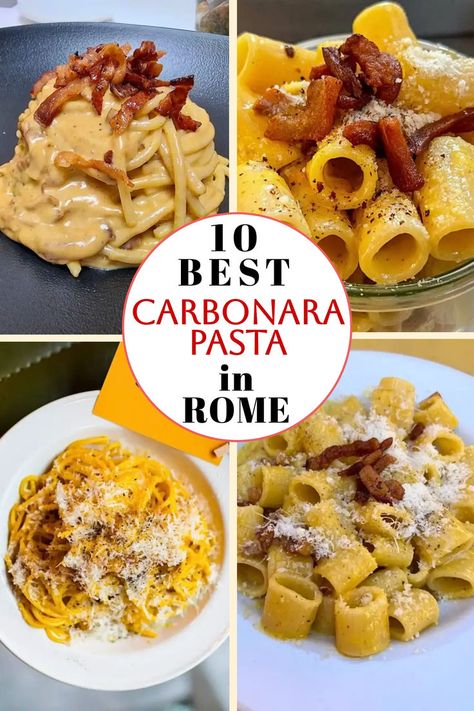 Rome's best carbonara pasta: a visual display of top dishes, including creamy spaghetti carbonara and rigatoni from renowned restaurants. This image guide helps you find the best pasta places in Rome and enjoy authentic Roman pasta dishes during your Rome vacation. Authentic Carbonara, Best Carbonara, Roman Pasta, Best Food In Rome, Rome Restaurants, Restaurants In Rome, Rome Food, Best Pasta Dishes, Pecorino Romano Cheese