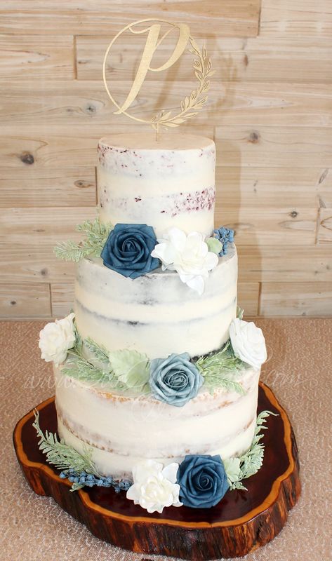 Blue Boho Wedding Cake, Rustic Dusty Blue Wedding Cake, Sage Green And Blue Wedding Cake, Steel Blue Wedding Cake, Dusty Blue Wedding Cake Ideas, Naked Wedding Cakes With Flowers, Rustic Wedding Cake Blue, Slate Blue Wedding Cake, Rustic Blue Wedding Cake