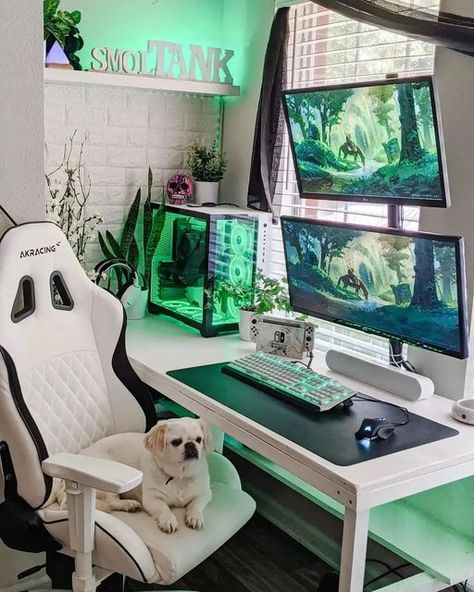 Setup Wars on Instagram: "1 or 2? Credit 1: @smoltank" Light Green Gaming Setup, Dark Green Pc Setup, Green Setup Gaming, Cute Gaming Setup Green, Green Computer Setup, Green Gamer Room, Two Monitor Desk Setup, Clean Pc Setup, Green Pc Setup