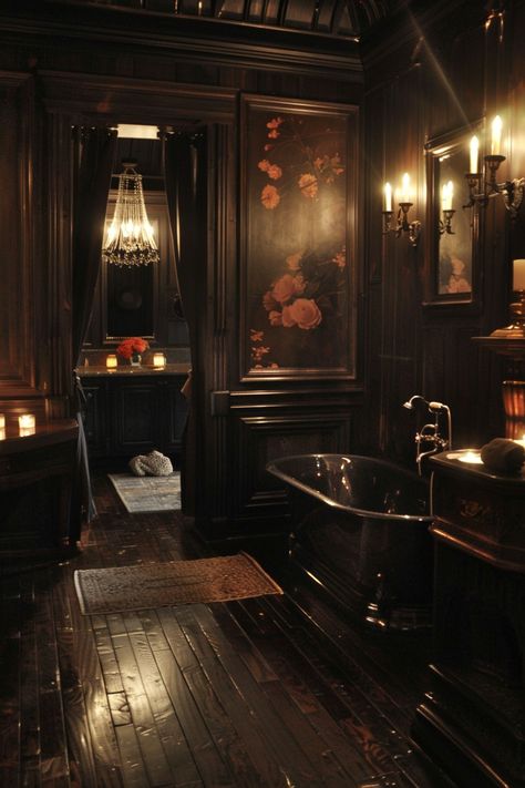 Goth Room Decor Ideas, Goth Decor Ideas, Whimsical Goth Room, Dark House Aesthetic, Victorian Gothic Home Decor, Victorian Gothic Decor, Library Corner, Goth Room, Gothic Bathroom