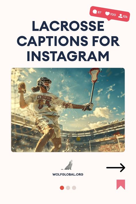 Lacrosse player in action with stick, text overlay "Lacrosse Captions for Instagram."
A checklist of motivational lacrosse-themed affirmations with emojis and a call-to-action button.
Promotional graphic with a woman on a laptop, advertising an Instagram engagement service, wolfglobal.org. Lacrosse Captions Instagram, Lacrosse Quotes Funny, Winner Quotes, Social Media Goals, Lacrosse Quotes, Lacrosse Goals, Lacrosse Goalie, Game Stick, Catchy Phrases