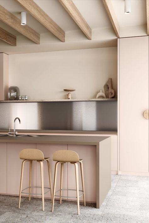 Laminex Porcelain Blush and Laminex Peruvian Clay work well in this bright and playful kitchen. Industrial touches like the stainless steel splashback are softened by the pink and pale wood tones. Head to the Laminex website for more kitchen inspiration or to order free samples. Laminex is the leading supplier and manufacturer of premium decorative laminate, engineered stone and acrylic surfaces in Australia. Blush Kitchen, Stainless Steel Splashback, Kitchy Kitchen, Brown Laminate, Light Wood Kitchens, Pale Wood, Sleek Kitchen, Wall Units, Laminate Countertops