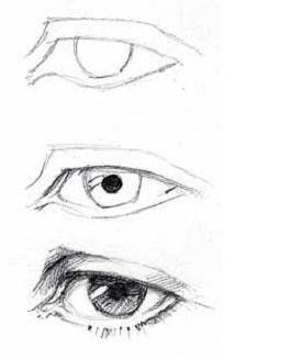 Draw the eyes almond-shaped, and made of several sections. Eyes are recessed into the head and have eyelids, eyelashes, the black pupil and the colored iris. Practice drawing the eye and each part of it.  Read more: http://www.ehow.com/how_4896014_draw-faces-beginners.html#ixzz2qBoAEMWF Akvarel Illustration, Realistic Eye Drawing, Eye Drawing Tutorials, Drawing Eyes, Drawing Hair, Drawing Faces, Eye Tutorial, Pencil Art Drawings, Learn How To Draw