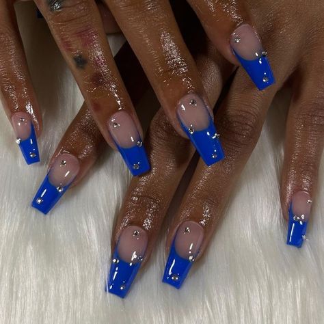 ♋︎ on Instagram: "French tip w gems always a classic ( ´ ▽ ` ).｡ｏ♡" Blue French Tip Nails With Gems, Blue French Tip With Gems, French Tip W Gems, Royal Blue French Tip Nails, French Tip With Gems, Blue French Tip Nails, Blue French Tip, Blue French Tips, Blue French