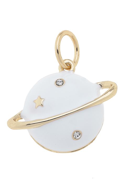 The Saturn Rhinestone Planet Charm in White features a sparkling rhinestone-encrusted Saturn planet with its signature rings. This charm adds a celestial and cosmic vibe to your jewelry collection, perfect for stargazers. DETAILSBase Metal with Shiny Gold Plating1"L x 1"W