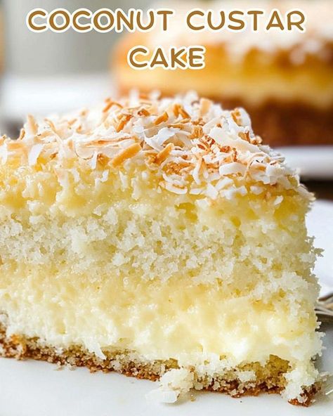 Recipes Gourmand | Coconut Custard Cake 🥥 | Facebook Coconut Mousse Cake, Smith Island Cake Recipe, Coconut Custard Cake Recipe, Coconut Custard Cake, Smith Island Cake, Cream Custard, Coconut Cake Recipe, Coconut Custard, Custard Cake