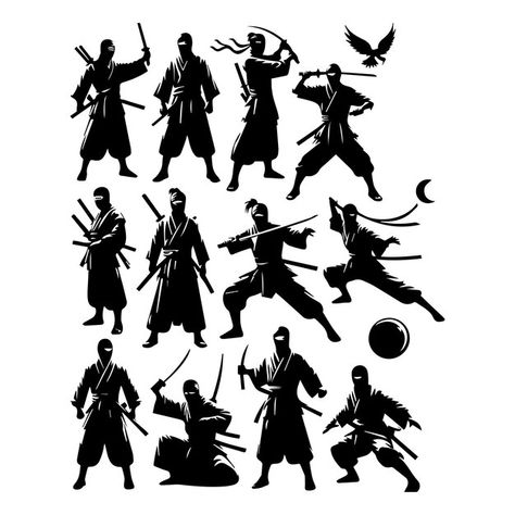 Japanese ninja arts set of silhouettes i... | Premium Vector #Freepik #vector #martial-art #karate #martial-arts #kung-fu Japanese Ninja Art, Ninja Silhouette, Japanese Ninja, Ninja Art, Martial Art, Psd Icon, Iconic Photos, Kung Fu, Vector Photo