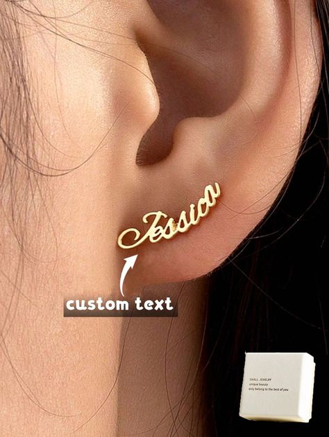 1 Pair Of Customizable Stainless Steel Name Stud Earrings, Personality Hoop Earrings, The Perfect Gift For Mother's Day, Birthday, Wedding, Graduation, Bohemian Style, Elegant And Refined Style And Custom English Text Yellow Gold    Stainless Steel     Customized Fashion Jewelry, size features are:Bust: ,Length: ,Sleeve Length: Word Earrings, Fashion Words, Name Earrings, Anniversary Jewelry, Couple Gifts, Fashion Earrings, Personalized Gifts, Autumn Fashion, Fashion Jewelry