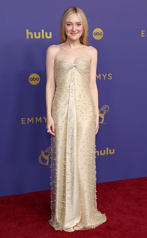 Dakota Fanning from 2024 Emmys Red Carpet Fashion: See All the Stars Arrive on E! Online Emmy Awards Dresses, Candy Clothes, Emmys Red Carpet, Dakota And Elle Fanning, Jeremy Allen White, Dakota Fanning, Engagement Dress, Red Carpet Ready, Celebrity Red Carpet