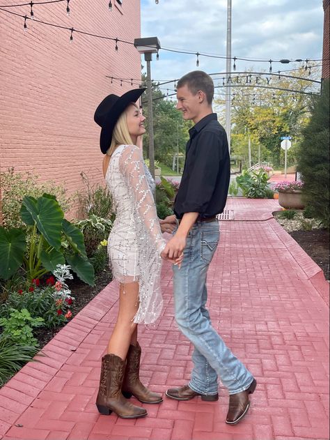 #homecoming #hoco #dress #homecomingdressesshort #whitedress #sparklydress #cowgirl #cowboy #cowgirlstyle #cowgirlboots Sparkly Dress And Cowboy Boots, Cowgirl Homecoming, Dress And Cowboy Boots, Dresses With Cowboy Boots, Hoco Dress, Cowgirl Cowboy, Cowgirl Hat, Sparkly Dress, Cowgirl Hats