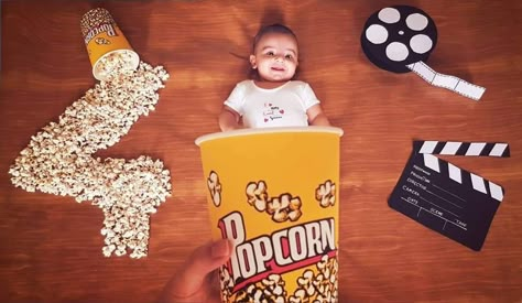 Popcorn Photoshoot Ideas, Popcorn Photoshoot, Popcorn Photography, Popcorn Movie, 5 Month Baby, Baby Milestones Pictures, Monthly Baby Pictures, Baby Milestone Photos, Monthly Baby Photos