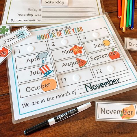 Months & Days Printable Memory Game Set - Arrows And Applesauce Printable Memory Game, Days Of The Week Activities, Homeschool Activity, Busy Binder, Circle Time Activities, Money Lessons, Toddler Education, Classroom Calendar, Aba Therapy