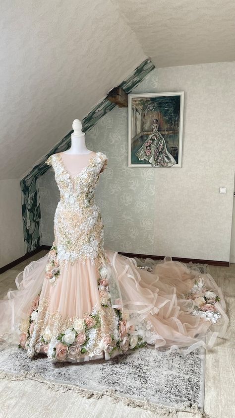 IngaEzergaleDesign - Etsy Fairytail Dress, Frozen Fashion, Blush Design, Fairytale Bridal, Handmade Wedding Dresses, Pink Wedding Dresses, Wedding Dresses With Flowers, Floral Wedding Dress, Fairy Wedding