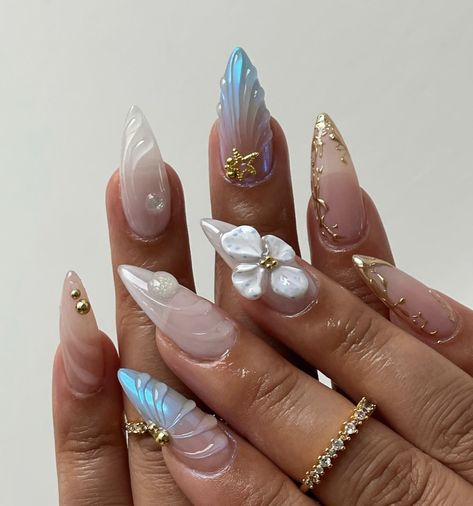 Waterdrop Nails, Summer Gel X Nails, Blue And Gold Nails, Orchid Nails, Seashell Nails, Medium Almond, Easy Nails, Summery Nails, Mermaid Nails