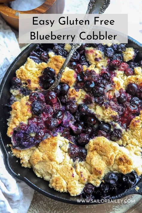 Delicious gluten free blueberry cobbler made with simple and minimal ingredients. Fresh blueberry and citrus lemon in each bite. Eat as is or top with vanilla ice cream.  via @sailor_bailey Gluten Free Cobbler Recipe, Gluten Free Strawberry Cobbler, Gluten Free Blueberry Cobbler, Gluten Free Cobbler, Sailor Bailey, Delicious Banana Bread Recipe, Balsamic Pork, Cobbler Topping, Blueberry Desserts