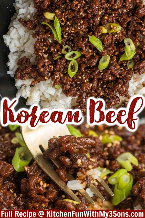 With a slightly sweet savory flavor and hints of umami, thanks to ingredients like soy sauce, brown sugar, and ginger, this Korean beef recipe will be a hit with the whole family. Ready in just 30 minutes! Korean Beef Sauce Recipe, Korean Ground Turkey, Ginger Beef Recipe, Ginger Rice Recipe, Korean Beef Recipe, Korean Beef Recipes, Korean Ground Beef, Korean Beef Bowl, Recipes With Soy Sauce