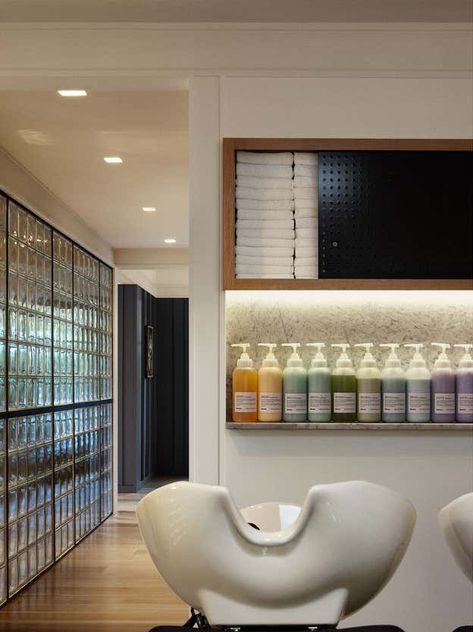 Salon by The Archers | 1stDibs Shampoo Area In Salon, Salon Shampoo Area, Bowl Cabinet, Salon Lighting, Salon Shampoo, Corning Glass, Shampoo Bowl, Shoji Screen, Shampoo Bowls