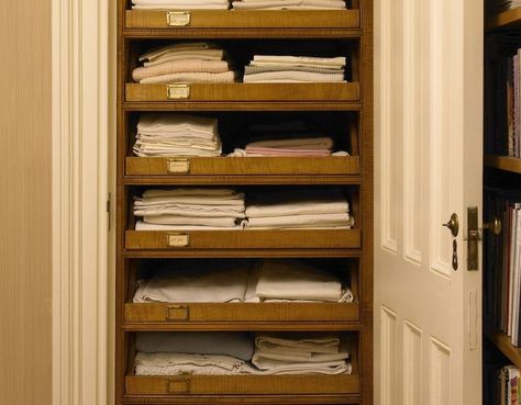 Linen closet pull out shelves | Features - Millwork | Pinterest Linen Closet Shelves, Transitional Closet, Deep Closet, Organizing Linens, Organized Closet, Numbers Game, Pull Out Shelves, Linen Cupboard, Linen Closet Organization