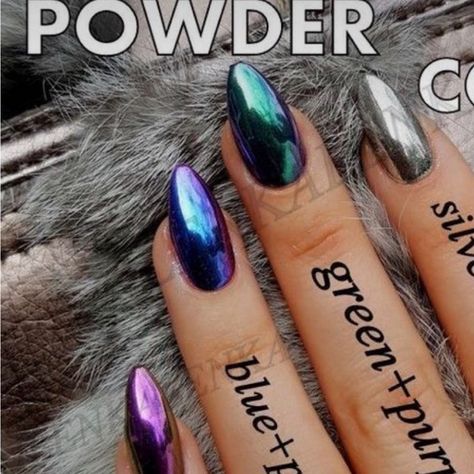 Oil Slick Chrome Nails, Iridescent Purple Nails, Purple Metallic Nails, Purple Chrome Nails Design, Fall Chrome Nail Colors, Fall Colors Nails, Nails Metallic Chrome, Metallic Nail Colors, Chrome Nail Colors