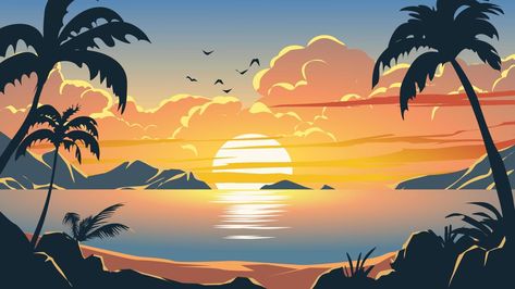 Vector ocean sunset scenery. Colorful tropical beach landscape Sunset Vector Art, Vector Beach Illustration, Beach Landscape Illustration, Beach Vector Art, Beach Design Illustration, Nature Illustration Landscapes, Beach Aesthetic Landscape, Beach Illustration Art, Sunset Procreate