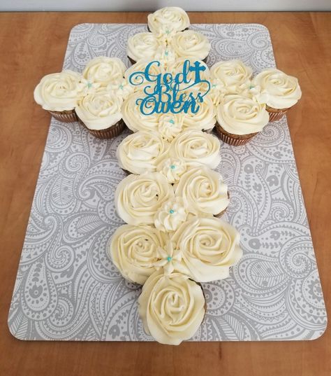 Cross Shaped Cupcakes, Cross Cupcake Cake Baptisms, Baptism Cupcakes Boy, Cross Cupcake Cake, Cupcake Cross, Baptism Cupcakes, Cross Cakes, Cupcakes For Boys, White Cupcakes