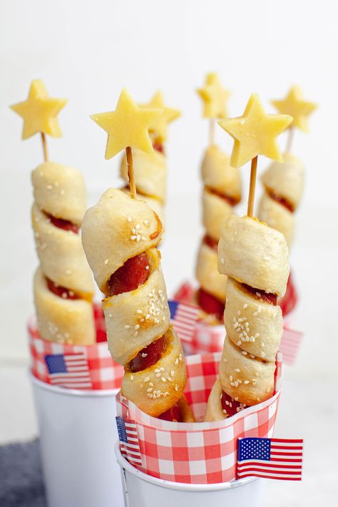 Firecracker Hot Dogs ##cheddarcheese ##colbycheese ##dijonmustard ##hotdogs ##monterrayjackcheese ##oliveoil ##pizzadough ##sesameseeds 4th Of July Hotdogs, Fourth Of July Hot Dogs, Red White And Blue Snacks For Kids, Firecracker Hot Dogs, Appetizer For Kids, Fourth Of July 2023, Mini Fruit Pizzas, 4th Of July Recipes, Holiday Snack