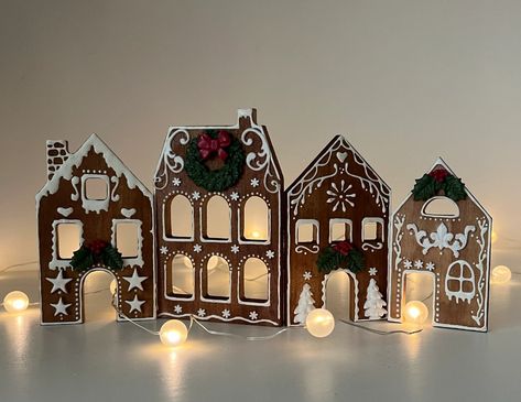 Wooden Gingerbread Houses Set of 4, Gingerbread Village Houses, Christmas Ornaments - Etsy Paint Air Dry Clay, Wooden House Decoration, Gingerbread House Designs, Houses Christmas, Small Wooden House, Gingerbread Village, Christmas Village Houses, Christmas Gingerbread House, Wood Paint