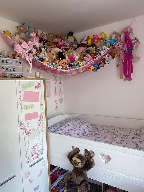 Amazon.com: Stuffed Animal Hammock, Huijukon Jumbo Corner Toy Hammock Toy Storage Net Hammock Collection Organizer for Stuffed Animals Cuddly Plushie Stuffie Toys | Size: 84" x 59" x 59" (Pink) : Baby Room Inspiration Bedroom For 2, Cute Room Storage Ideas, Bedroom Ideas Cluttered, Cuddly Toy Storage, Space Inspired Room, Cool Things For Bedroom, Things To Put In Your Room, Soft Toy Storage Ideas, Stitch Room Ideas