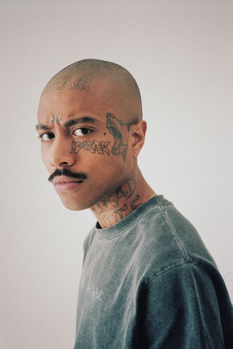 The Law of Attraction — WÜL MAGAZINE Bald Head Tattoo, Mens Face Tattoos, Mustache Drawing, Bald Men Style, Mustache Men, Blackout Tattoo, Aesthetic Outfits Men, Men Hair Color, Bald Hair