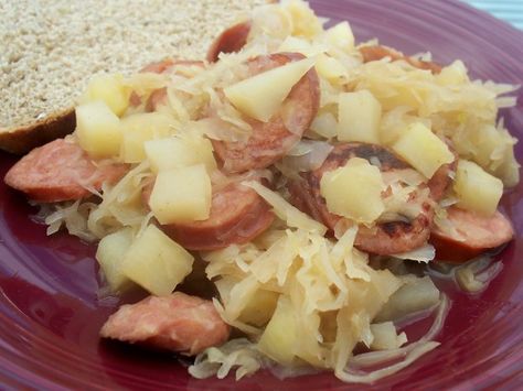 Savory Sausage And Sauerkraut Skillet Recipe - Food.com Crock Pot Pork And Sauerkraut Recipe, Pork And Sauerkraut Recipe, Slow Cooker Kielbasa, Tastee Recipe, Sausage Sauerkraut, Sauerkraut Recipe, Sausage Potato, Kielbasa Recipes, Cake Roll Recipes