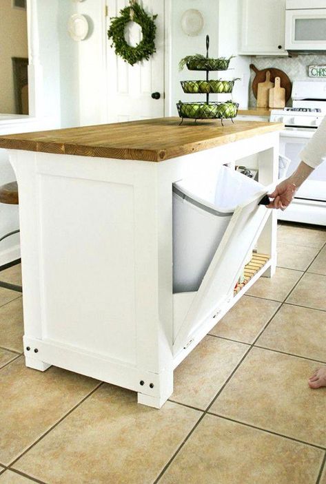 DIY movable  Kitchen Island with Trash Storage #KitchenIsland #kitchenstorage Unique Kitchen Design, Kitchen Diy Makeover, Kabinet Dapur, Diy Kitchen Renovation, Diy Kitchen Storage, Classic Kitchen, Diy Kitchen Island, Kitchen Island Design, Kitchen On A Budget