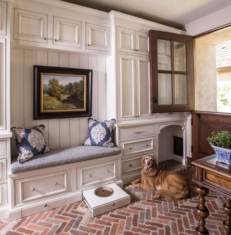 English Tudor Cottage, Cottage Traditional, Traditional Entry, Tudor Cottage, Pet Spaces, English Tudor, Mudroom Design, Dutch Door, Brick Flooring