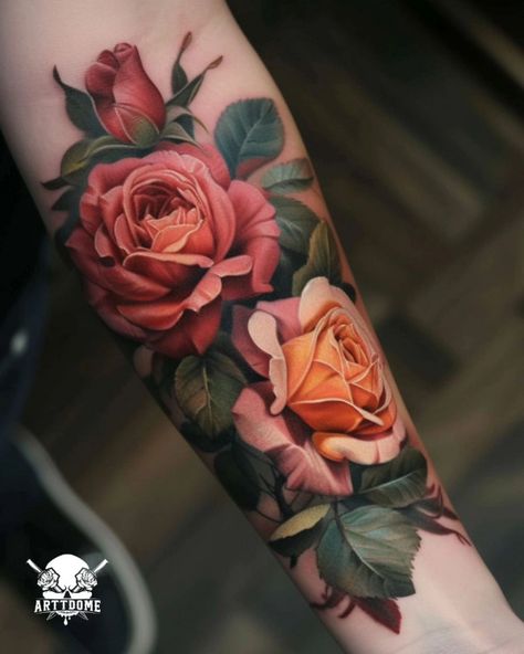 10. Elegant Roses Tattoo On the Arm An elegant roses tattoo graces the arm, seamlessly blending colourful realism with refined technique. This exquisite piece flower tattoo showcases the beauty of hyperrealism and photorealism, capturing every delicate petal and intricate detail with stunning accura... Tattoos Elegant, Colorful Flower Tattoo, Realistic Flower Tattoo, Side Hand Tattoos, Magnolia Tattoo, Daffodil Tattoo, Tribute Tattoos, Rose Shoulder Tattoo, Pretty Hand Tattoos