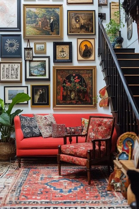 "Express your creativity with a Maximalist Art Gallery Wall! 🎨🖼️ Perfect for showcasing bold colors, diverse art, and a mix of styles. 🌟✨ #GalleryWall #MaximalistDecor #CreativeHome" Colorful Photo Gallery Wall, Maximalist Gallery Wall Living Room, Modern Eclectic Gallery Wall, Victorian Maximalist Decor, Boho Bedside Lamp, Colourful Gallery Wall, Maximalist Gallery Wall, Living Structures, Dreamy Interiors