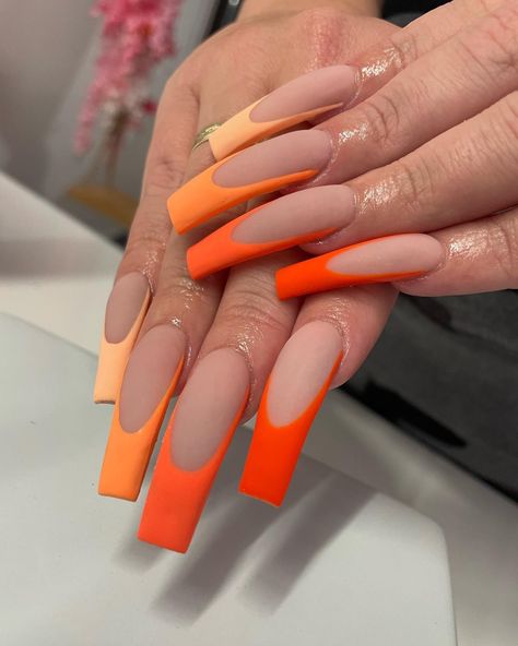 Long Fall Nails, Orange Nail Ideas, Orange Acrylic Nails, Orange Nail Designs, Orange Nail, Plaid Nails, Summer Acrylic Nails, Pretty Nail Art, Acrylic Nails Coffin