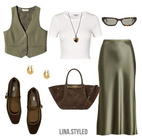 Silky Skirt Outfit, Green Satin Skirt, Modest Spring Outfits, Stylish Outfits Casual, Outfit Mujer, Everyday Fashion Outfits, Estilo Preppy, Chill Outfits, Fashion Project