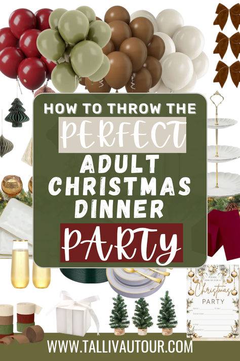 Looking to host a festive Adult Christmas Dinner Party? I've got you covered from invitations to a photo backdrop to dinnerware! It's all linked in my blog! amazon affiliate (contains affiliate links) #amazon #dinnerparty #holidayparty #christmasparty #partyidea #holidays #thankgiving #christmas #gifts #ornaments #event #party #candlelitdinner #decorations #christmasdecor #christmascocktails #christmasfood #food #dinnerideas #invitations #christmastree #christmaslights #garland #partyfavors Christmas Dinner Party Themes, Christmas Themed Dinner Party, Adult Christmas Party Decorations, Christmas Dinner Party Ideas, Christmas Party Adult, Progressive Dinner Party, Hosting Christmas Party, Dinner Party Favors, Formal Christmas Party