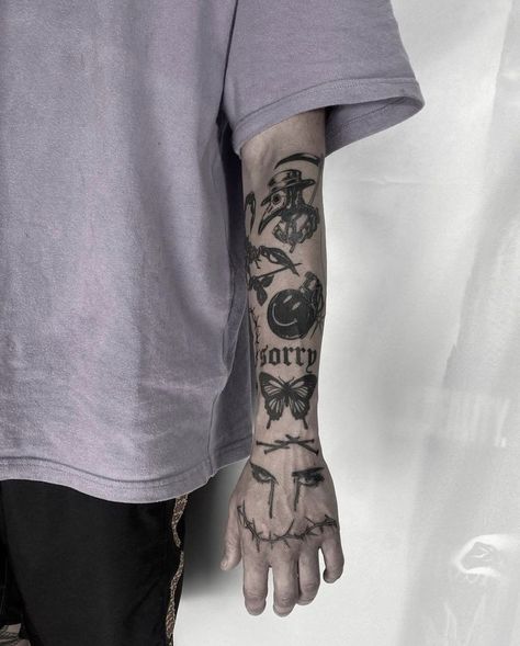 Collage Tattoo Sleeve Men, Traditional Wrist Tattoos For Guys, Black Work Sleeve Tattoo, Traditional Sleeve Tattoo, Clever Tattoos, Wrist Tattoos For Guys, Forearm Sleeve Tattoos, Angel Tattoo Designs, Arm Band Tattoo