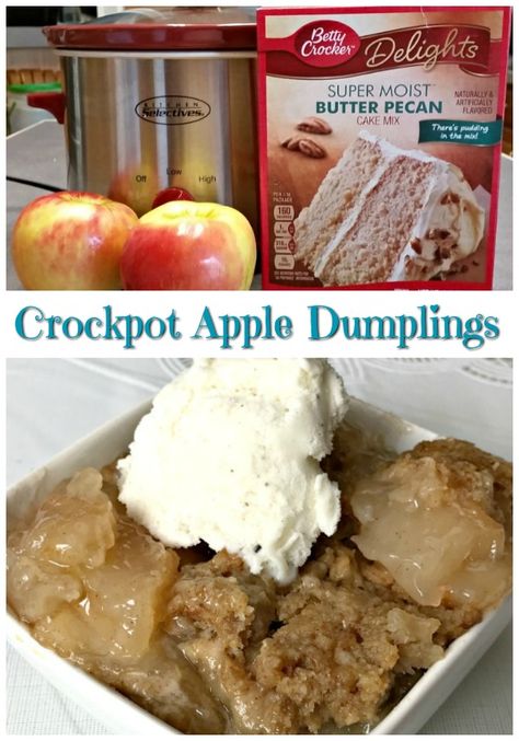 3 Ingredient Crockpot Apple Dumplings Recipe. Crockpot dessert with only three ingredients. Apple Dessert! Easy recipe! #appledumplings #dessertrecipes #applerecipes #recipe #apples #fallfood #crockpotrecipes Dumplings Recipe Crockpot, Apple Dumplings Recipe, Crockpot Dessert, Crockpot Desserts, Crockpot Apple, Apple Dumpling Recipe, Recipe Crockpot, Apple Desserts Easy, Crock Pot Desserts