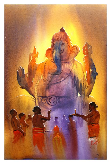 ArtStation - Watercolor Paintings, MV RENJU Ganesha Art Illustration, Om Art, Ganesh Art Paintings, Boho Art Drawings, Lord Ganesha Paintings, Ganesh Art, Hinduism Art, Vedic Art, Devi Durga