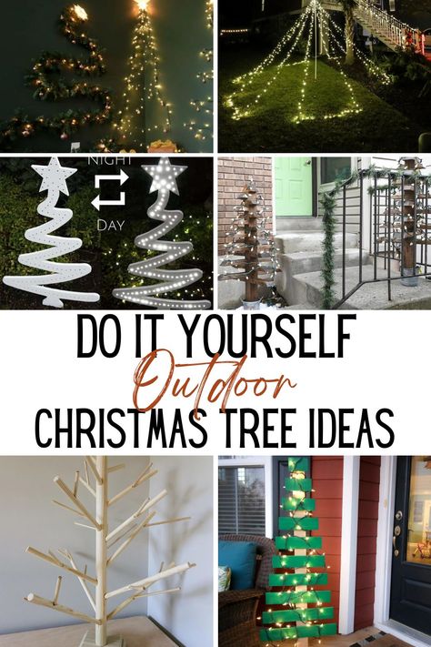 DIY outdoor Christmas tree ideas! Diy Outdoor Christmas Tree Made Of Lights, Wooden Christmas Tree For Yard, Outdoor Yard Christmas Tree, Homemade Large Christmas Trees, Outdoor Christmas Tree For Porch, Yard Christmas Trees Diy, Xmas Decorations Ideas Outdoor, Diy Spiral Christmas Tree Outdoor, Diy Outdoor Christmas Tree With Lights