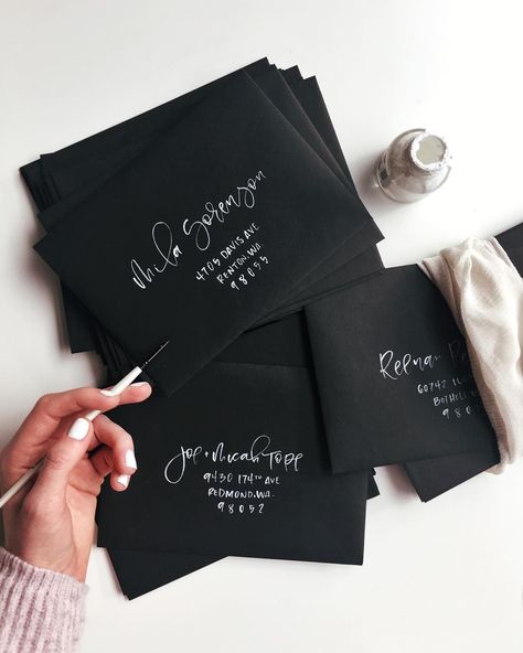 On the desk today ✉️ All of my envelope orders this week are black and each is with a different ink color! Loving the contrast. Next up is… Punk 57, Calligraphy Envelope, Invitation Calligraphy, Black Envelopes, Text Layout, Calligraphy Wedding Invitation, Envelope Art, Invitation Inspiration, Modern Invitation