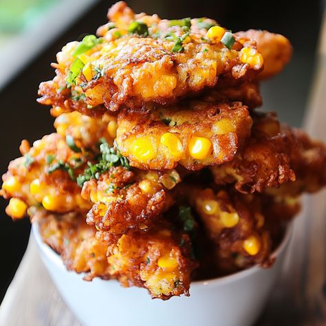 Very Crispy Corn Fritters Recipe Gf Corn Fritters, Thai Corn Fritters, Corn Nuggets Recipe, Frozen Corn Recipes, Corn Appetizers, Cornflake Recipes, Fried Corn Recipes, Corn Fritters Recipe, Shrimp Fritters