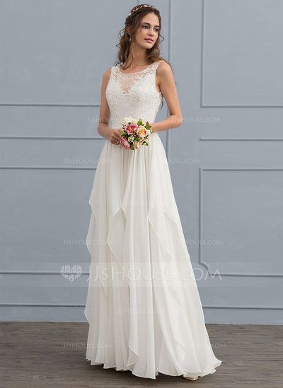 A-Line/Princess Scoop Neck Floor-Length Chiffon Wedding Dress With Cascading Ruffles (002119799) Floor Length White Dress, Wedding Dresses Summer, Garden Wedding Dress, Petite Wedding Dress, Outdoor Wedding Dress, Wedding Dress Plus Size, Wedding Dresses Uk, Floor Length Wedding Dress, Garden Wedding Dresses