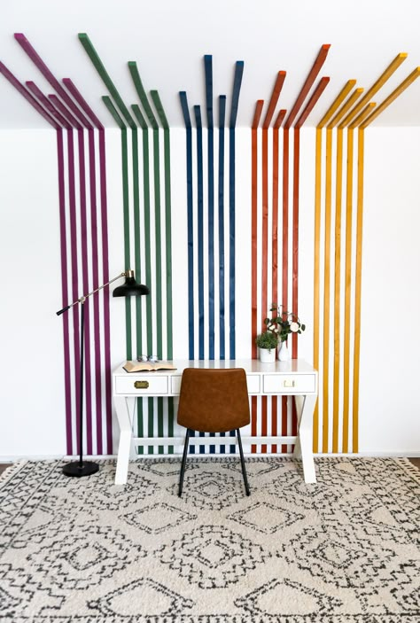 Looking for a rainbow nursery idea?! I did this easy and inexpensive accent wall in my homeschool room but this could also be an amazing colorful nursery accent wall! This project was simple and so beautiful! The entire wall was done with wood and paint! Striped Accent Walls, Striped Accent Wall, Stripe Wall, Room Accent Wall, Homeschool Room, Striped Walls, Nursery Colors, Room Paint, Wall Colors