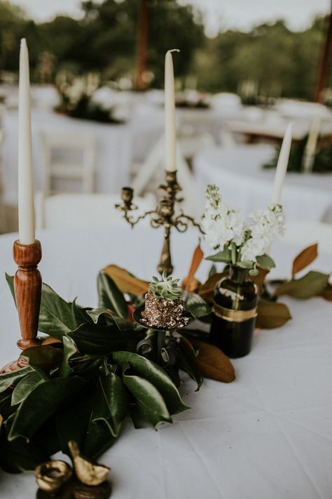 Magnolia Leaves Wedding, Magnolia Leaves Centerpiece, Wedding Under The Stars, Magnolia Garland, Crocheted Afghans, Magnolia Leaf, Table Garland, Magnolia Wedding, Candle Arrangements